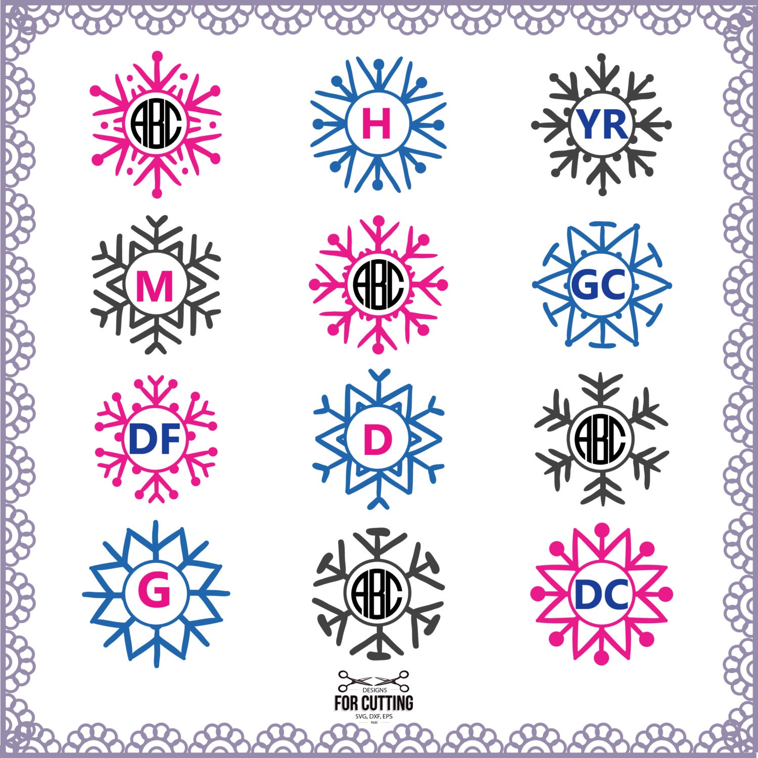 Download Winter SNOWFLAKE Monogram frames cut Files svg dxf eps.