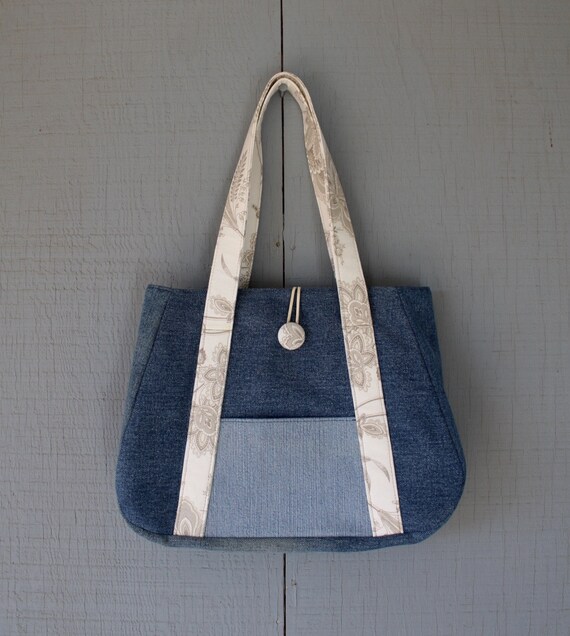 Items similar to Denim Front Pocket Handbag, Fabric Straps, Button