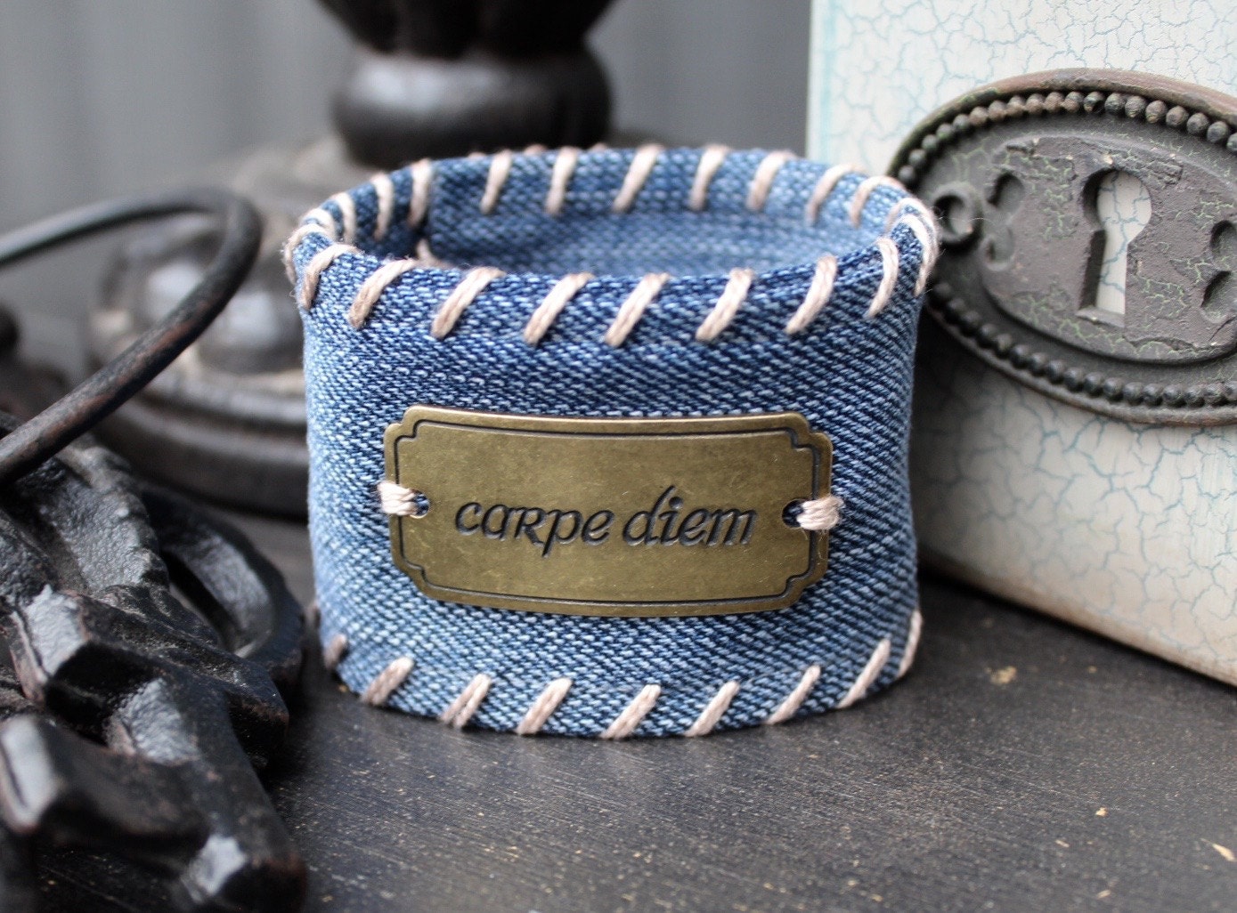 Denim Cuff Bracelet Accented with Vintage by AllintheJeans on Etsy