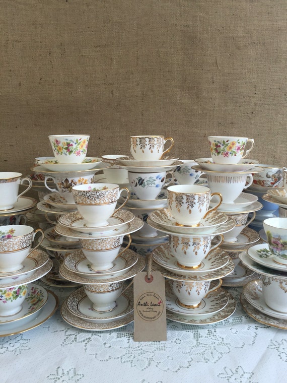Job Lot Vintage China - 40 Matching China Tea Trios for Weddings / Mix and Match China Tea Cups, Saucers and Side Plates for Events