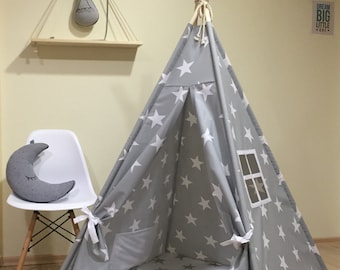 Tipi , Play Tent Teepee Cozy Grey Stars ,Kids Teepee Play Tent Grey Stars , childrens teepee, tipi tent, playhouse nursery ,grey teepee