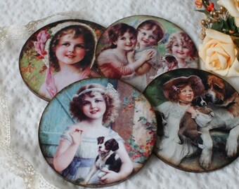 Kitchen accessories Women gift Cup coaster Set of 4 wooden cup coasters round coaster drink tea cup coaster vintage style coasters