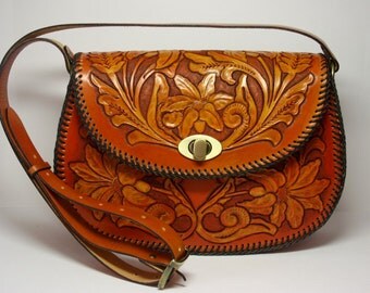 Hand-tooled leather handbag hand-carved bag flower bag