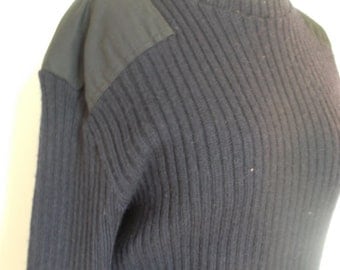 Vintage 80s military mens navy sweater jumper with shoulder and elbow patches Knitwear Made In England size XL