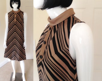 60's Mod Tent Dress Black Bronze Striped A-Line Shift, R& K Originals Mod Sleeveless Dress with Rolled Collar- size medium