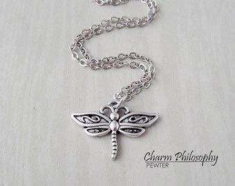 Dragonfly Necklace - Antique Silver Jewelry - Small Dragonfly Charm - Insect Jewelry