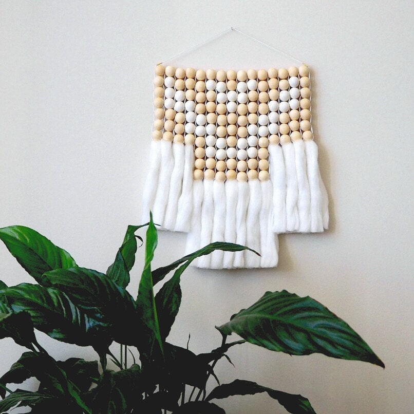 Wall Hanging Woven Wood Beads with White Chunky Yarn Roving