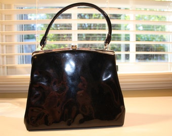 Vintage black patent leather purse handbag pocket book Dover Made in the USA classic