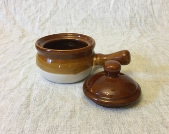 Vintage Stoneware French Onion Soup Bowl, Handled Stoneware Crock