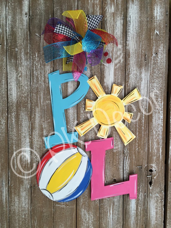 POOL Door Hanger w/ Beachball and Sun by PKDecor on Etsy
