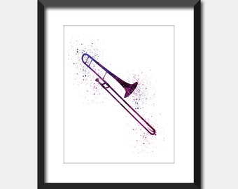 Trombone Music Watercolor Splattered Art Print, Musical Instrument Printable Art, Instant Digital Download
