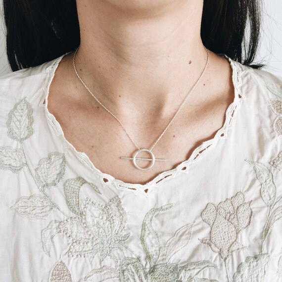 Circle with bar charm necklace Sterling silver circle charm