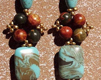 Sea green and Czech art glass blue earrings, Downton Abbey earrings turquoise-blue Picasso earrings vintage style earrings, antique earrings