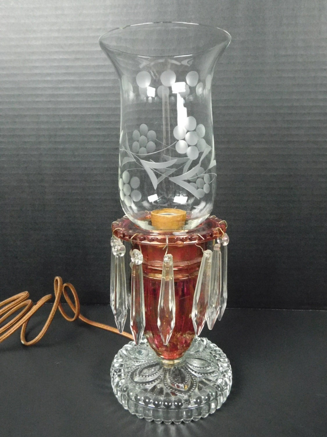Glass Hurricane Electric Lamp 12 Hanging Prisms Cranberry Red