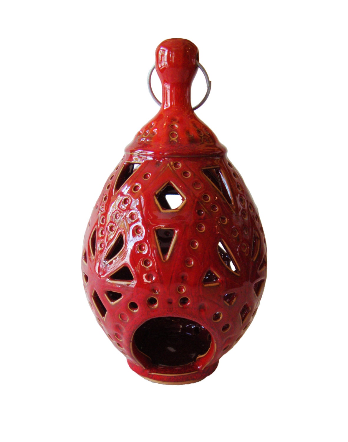 Handcarved Pottery Lantern Vase in Red Glazed Finish for