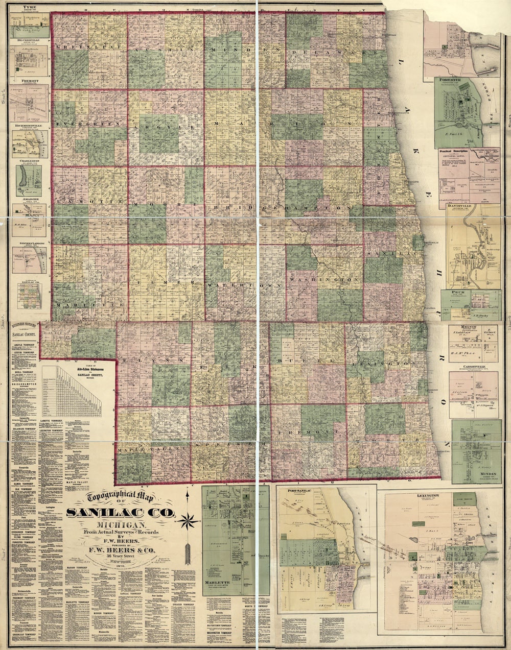 1876 Farm Line Map of Sanilac County Michigan Port Sanilac