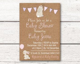 Baby Shower Invitation - Rustic Bunny Rabbit Balloon - Pink and Purple - Kraft Paper - Printable Download/File DESIGN 002