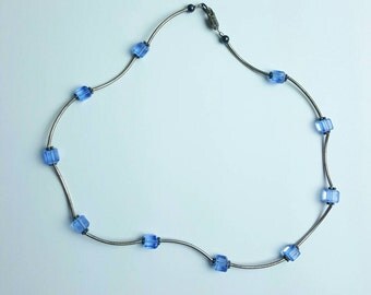 Vintage Sterling Silver Necklace with Square Glass Beads