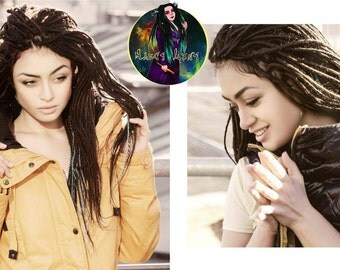 70 (140 ends) synthetic dreads. Mixed texture double ended synthetic dreads. Synthetic dreadlocks. Black, Dark brown, Cyan