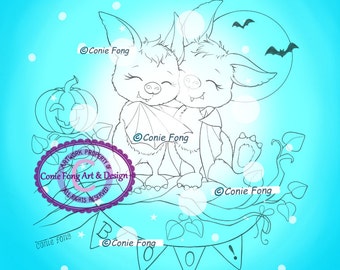 SALE- Digital Stamp, Digi Stamp, digistamp, Bats Friends by Conie Fong, Halloween, Bat, children, coloring page