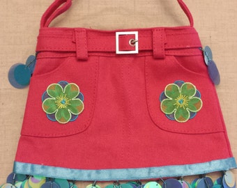 Pink Skirt Purse - Flowers and Dragonflies with Sequin Trim