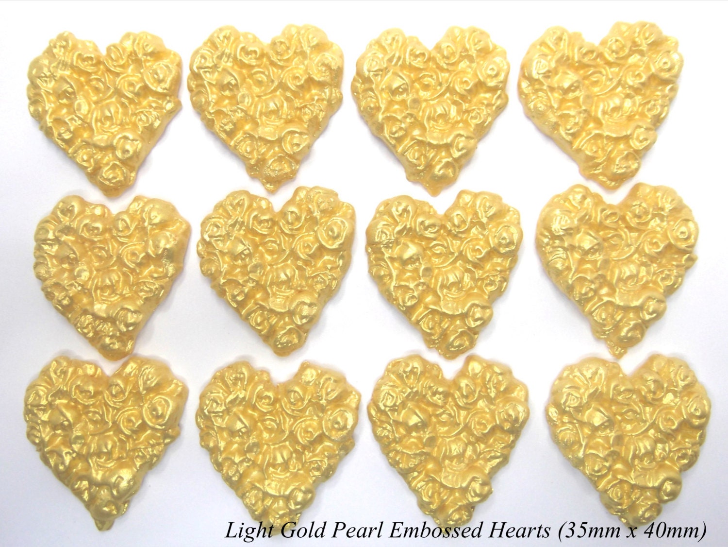 12 Light Gold Pearl Rose Embossed Sugar Hearts edible fondant