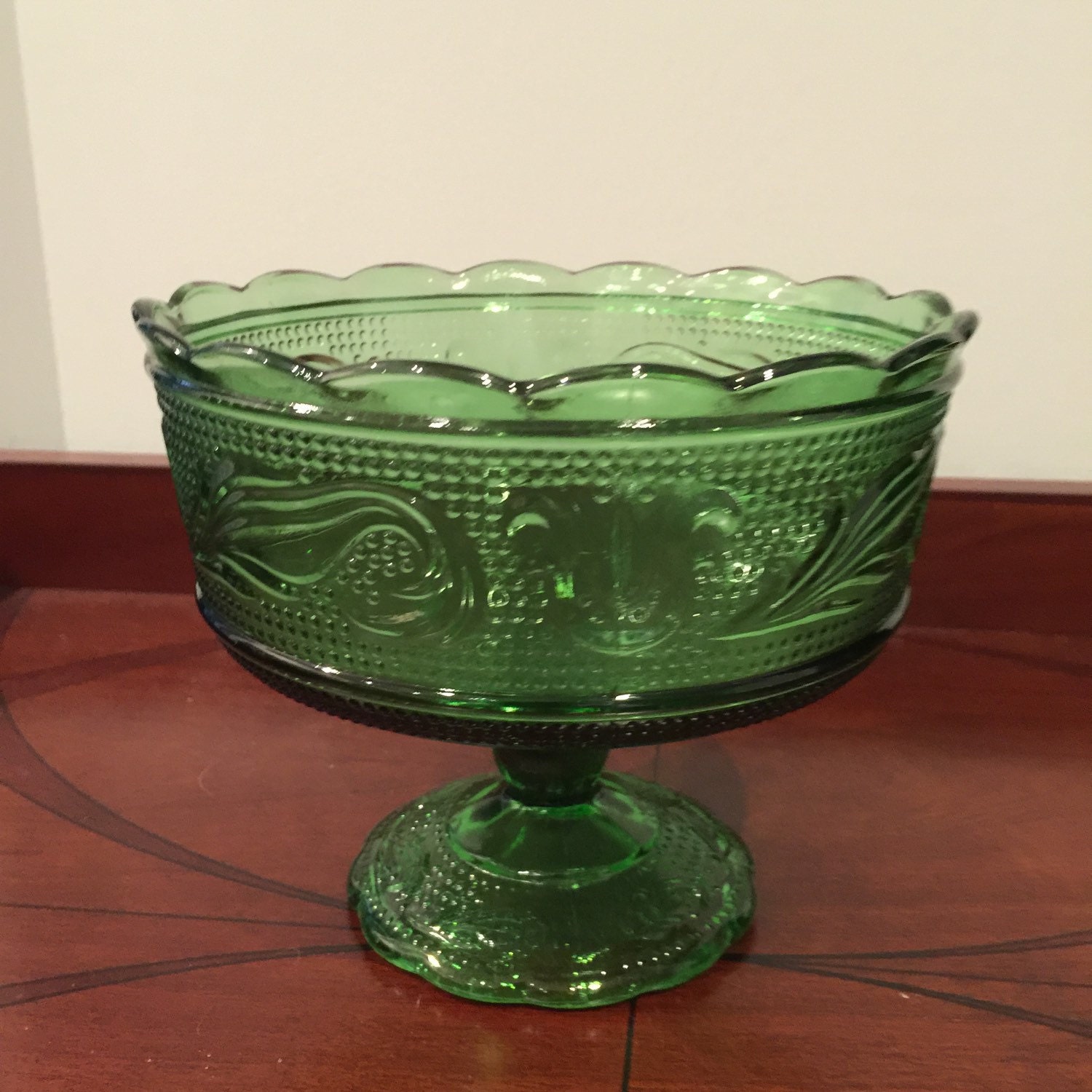 Vintage E O Brody Green Glass Compote Candy Dish Footed Bowl