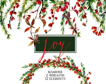 Christmas Watercolor Clipart Wreaths Border Floral Clip Art New Year Watercolor Flowers Winter Wreath DIY Greeting Cards Printables Digital
