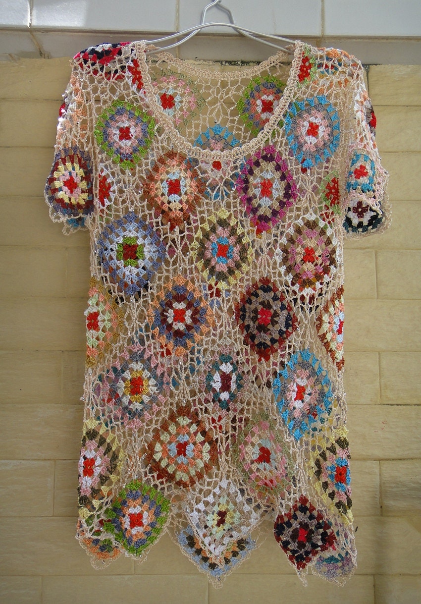 Granny Square Crochet Womens Blouse Top Short Sleeve