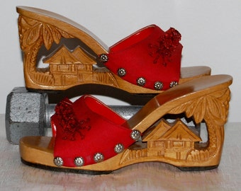 vintage carved shoes, red shoes, wood platform, Philippine carved shoe, wood mules
