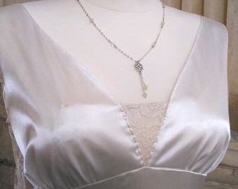 Waterfall lariat necklace Pearl, Moonstone, natural rock crystal and AB faceted beads