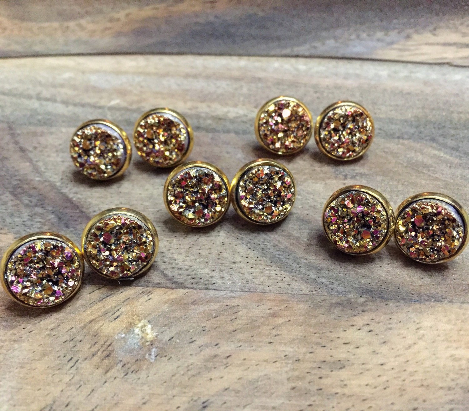 Pink/Gold Druzy Stud Earrings