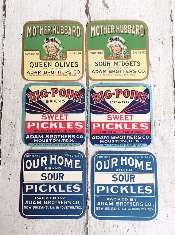 set of 6 vintage pickle labels