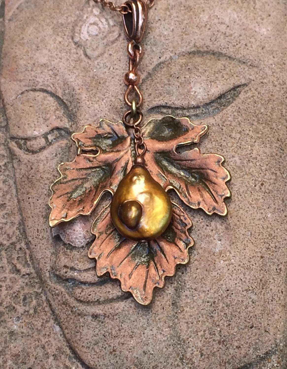 Autumn leaf necklace copper pendant copper and pearl nature