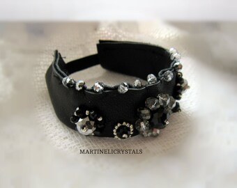 Black Leather Hair Tie Swarovski Black Leather Hair Elastic Beaded Hair Tie Crystal Hair Tie Leather Beaded Cuff Leather Wrist Band