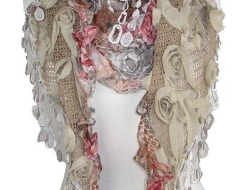 Stunning mocha floral triangle scarf shawl wrap silk blend, vintage lace tassels great for weddings, special occasions, races etc