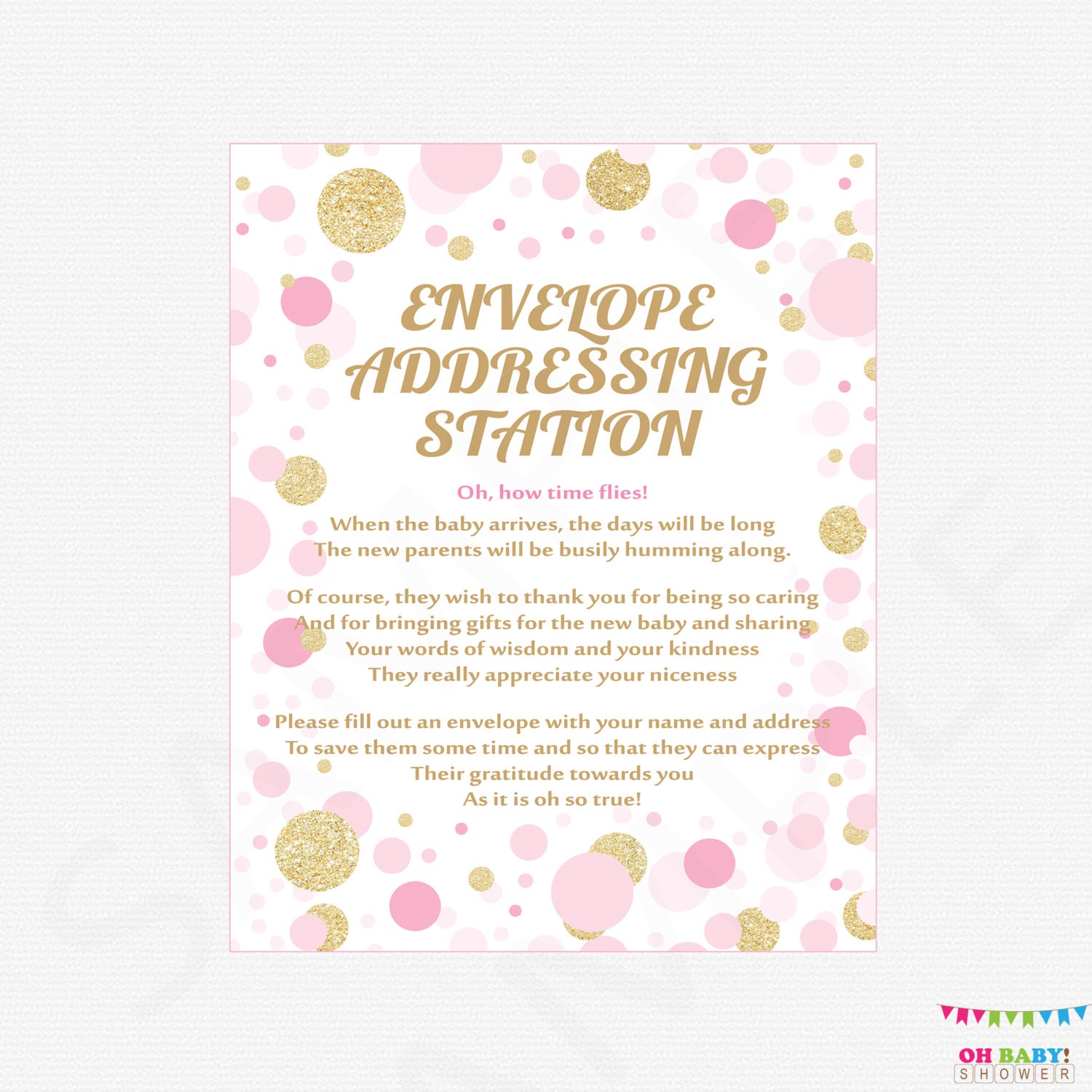 Envelope Addressing Station Sign Pink and Gold Baby Shower