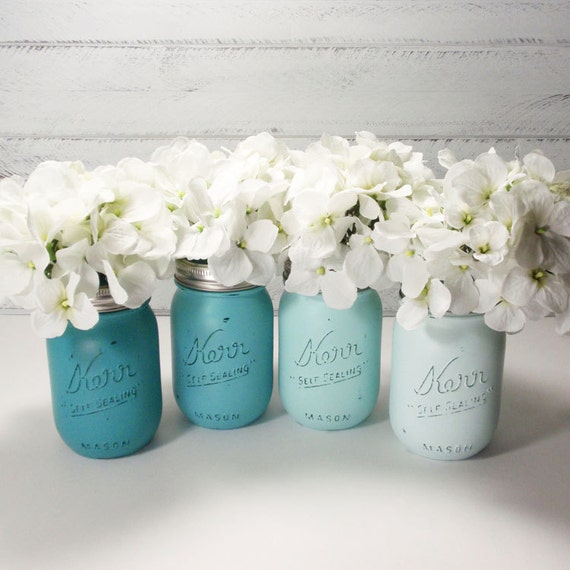 4 Hand Painted Mason Jars Flower Vases Shades Of Teal