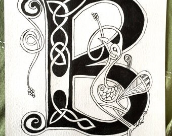 Celtic Decorated Letter, Made to Order, Zoomorphic Illumination in style of Book of Kells Medieval Manuscript, 9x12in