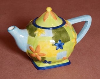 Delicate Handpainted Oneida floral blue and yellow flowered teapot