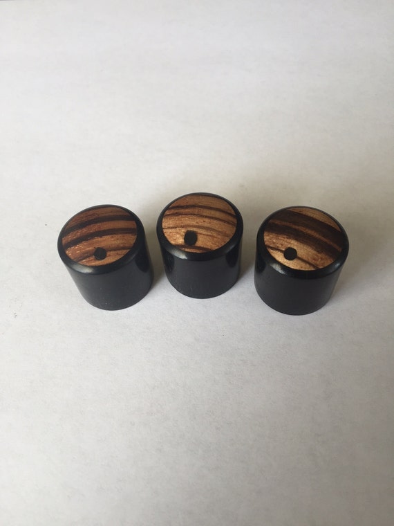 Zebra wood in Ebony Set of 3 custom wood guitar knobs by THGKnobs