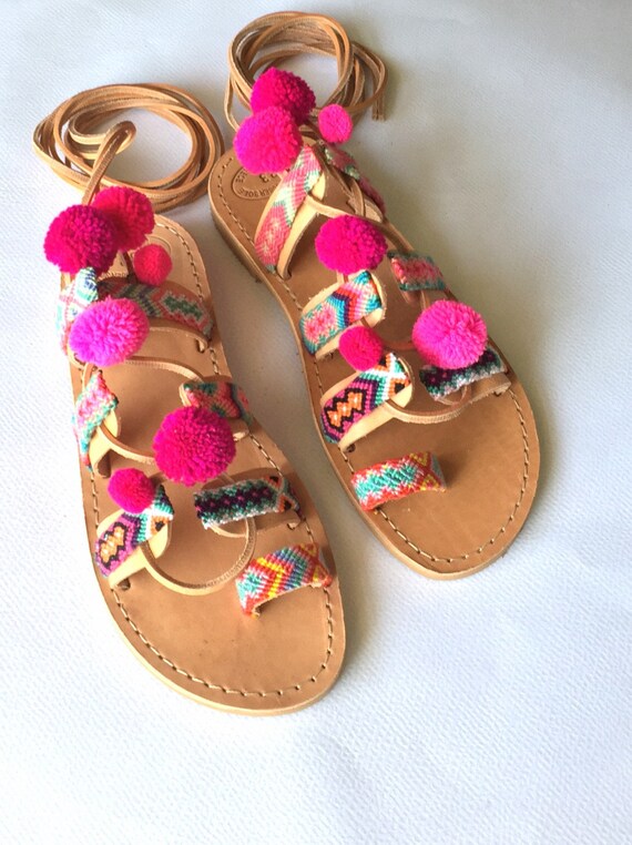 Tie Up Pom Pom Sandals ''Lollipop'' Leather by BohemianFootprints