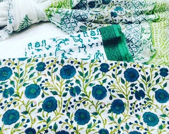 Beautiful hand block printed cotton voil fabric suit set inclusive of top bottom and stole