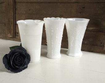 3 Vintage Milk Glass Vases - Instant Collection, Wedding Decor, Centerpiece, White, Cottage Chic, Rustic Decor, Farmhouse Style