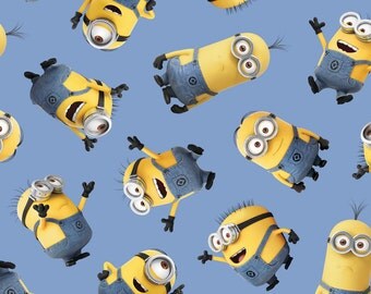 Despicable Me Minions Fabric - Despicable Me Tossed Minion Blue 100% cotton 43" fabric by the yard, M37