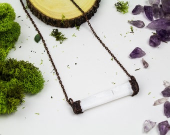 Horizontal Bar Necklace, Selenite Necklace, Healing Jewelry, Statement Necklace, White Bar Necklace, Raw Crystal Necklace,