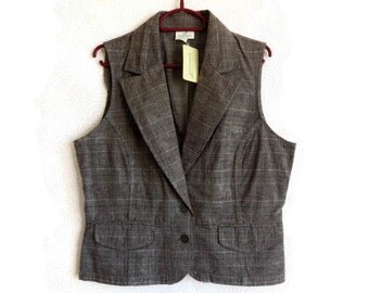 Women's Checkered Vest Brown Waistcoat Women's Clothing Checkered Waistcoat Size 42 Cotton Vest Natural Women's Vest New Waistcoat