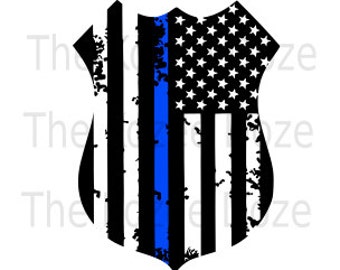 Police Officer LEO Badge w/ Distressed Flag & Thin Blue Line SVG DXF
