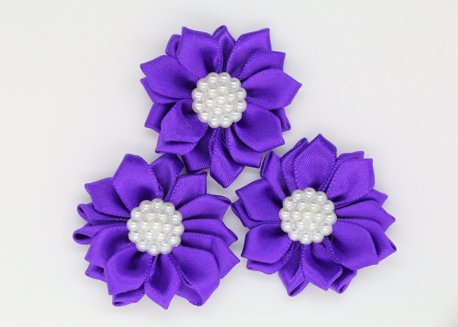 3 Purple Satin Ribbon Flowers with Pearl Center Mini Ribbon