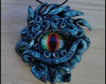 Eye of the green Dragon serpent scale handmade pendant charm necklace